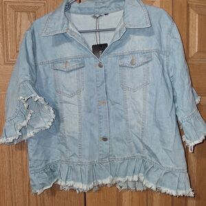 Light Blue Denim Jacket with Ruffle Hem